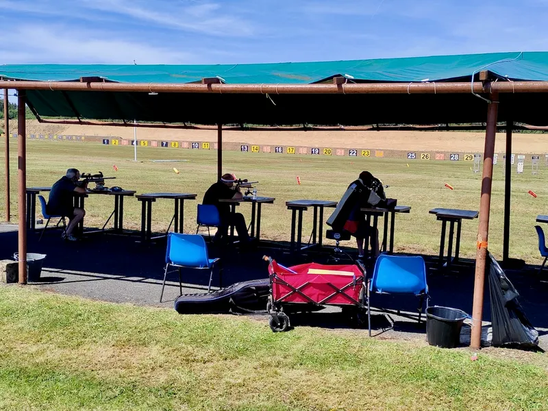 Pinhoe TSC shooters on the benchrest line at Bisley, 2024.