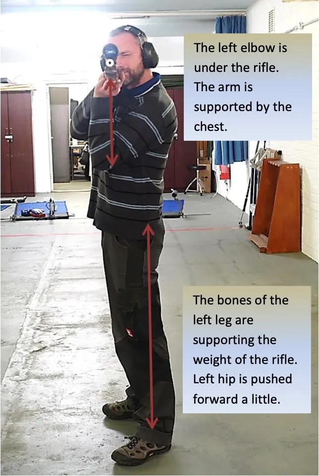 Full-body stance with left elbow anchored on chest under rifle